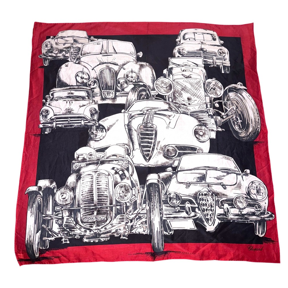 Chopard Mille Miglia Scarf Red Black Vintage Race Car 100% Cotton 85cm Italy